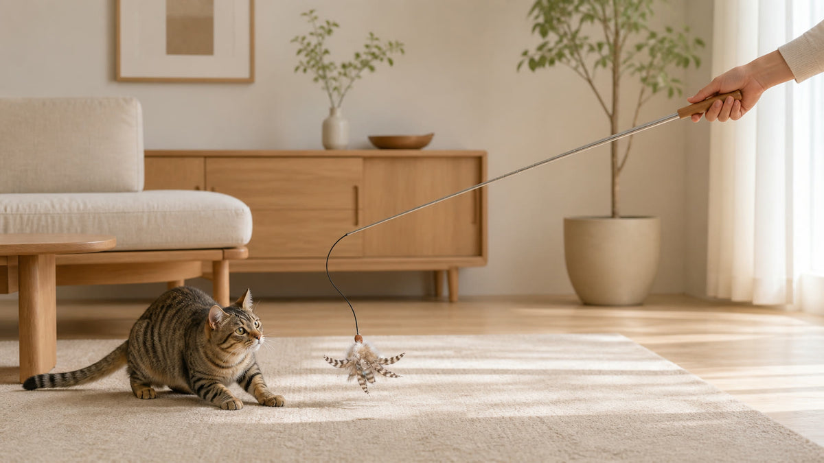 Cat watching the feather lure on the straight retractable wand during indoor play in use