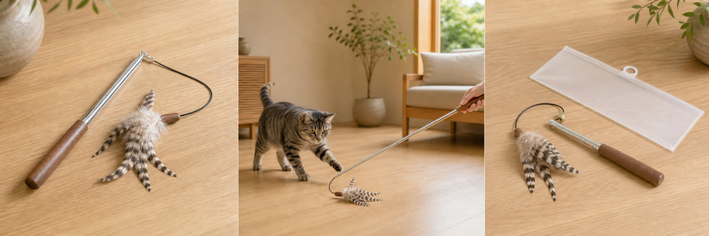 Retractable feather wand shown extended, in use, and stored with its pouch