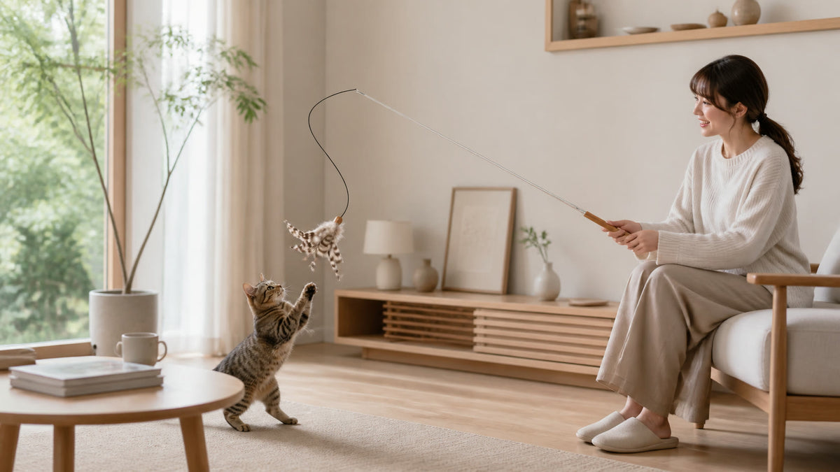 Person and cat sharing indoor play with the retractable feather wand