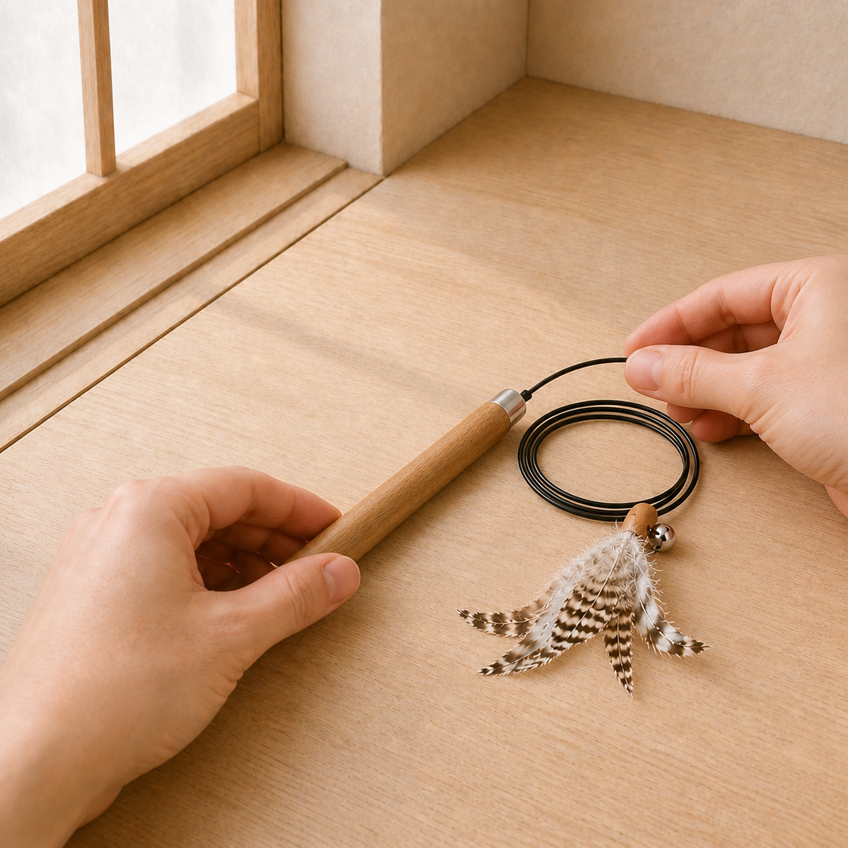 Retractable Feather Wand — Retract the shaft after supervised play.