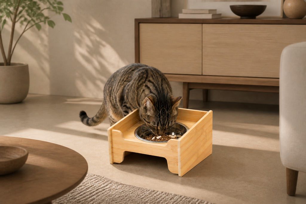 Cat eating from the removable bowl in the Single Bowl Wood Station
