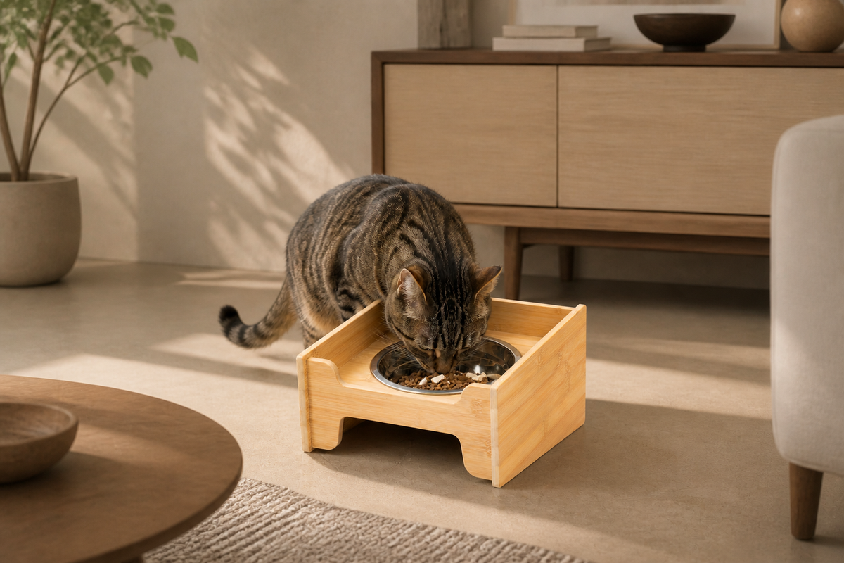 Cat eating from the removable bowl in the Single Bowl Wood Station