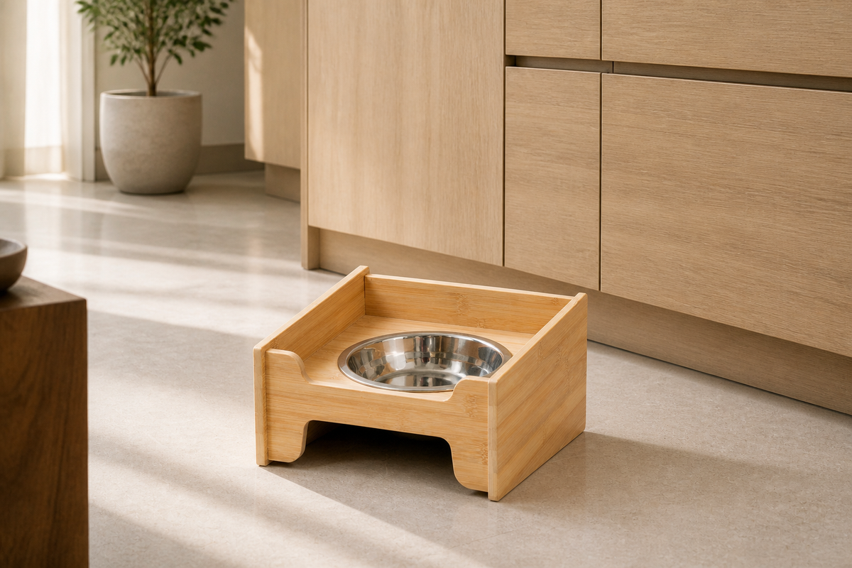 Single Bowl Wood Station placed in a warm modern living room