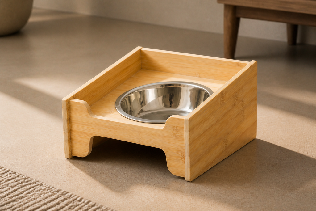 Close view of the bamboo enclosure and removable stainless-steel feeding bowl