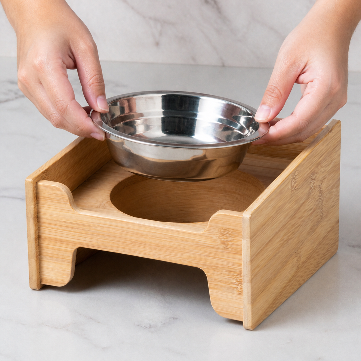 Single Bowl Wood Station — Lift the bowl free for cleaning.