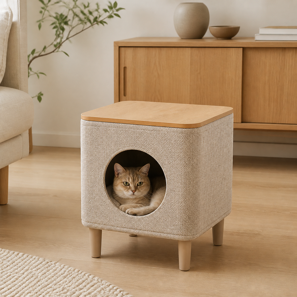 Soft Cube Cat House styled for everyday use in a warm modern home