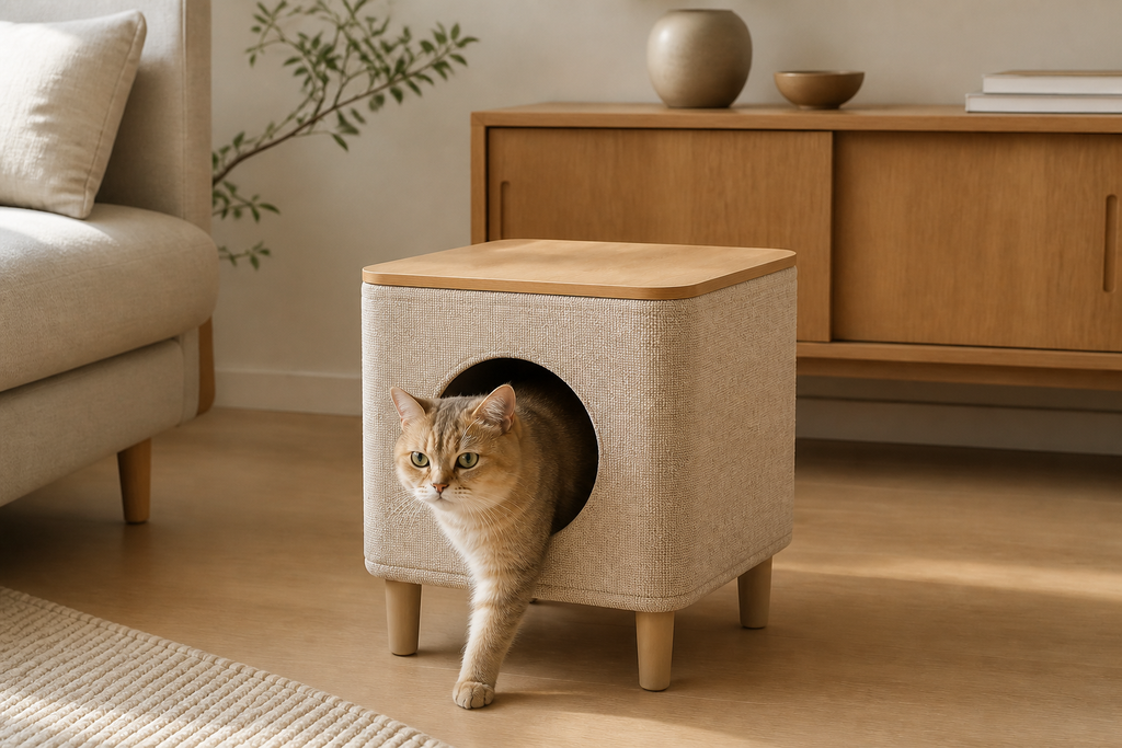 Cat entering the circular hideaway of the Soft Cube Cat House