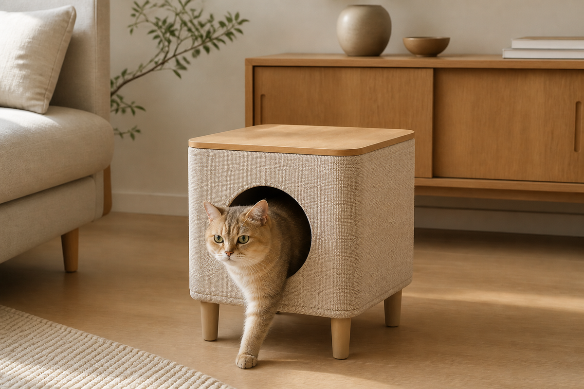 Cat entering the circular hideaway of the Soft Cube Cat House