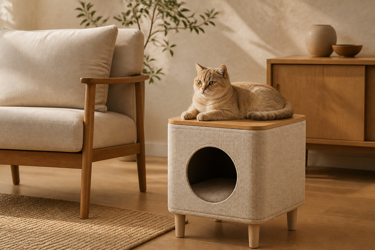 Soft Cube Cat House placed in a warm modern living room