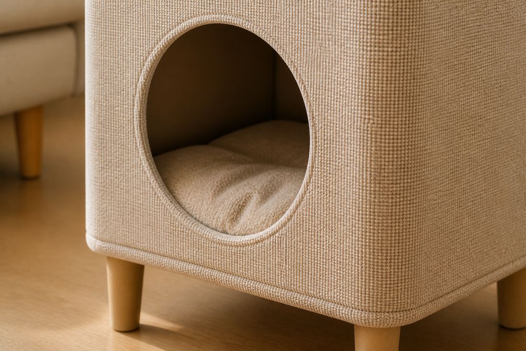 Close view of the woven fabric, circular entrance, wood top, and raised legs