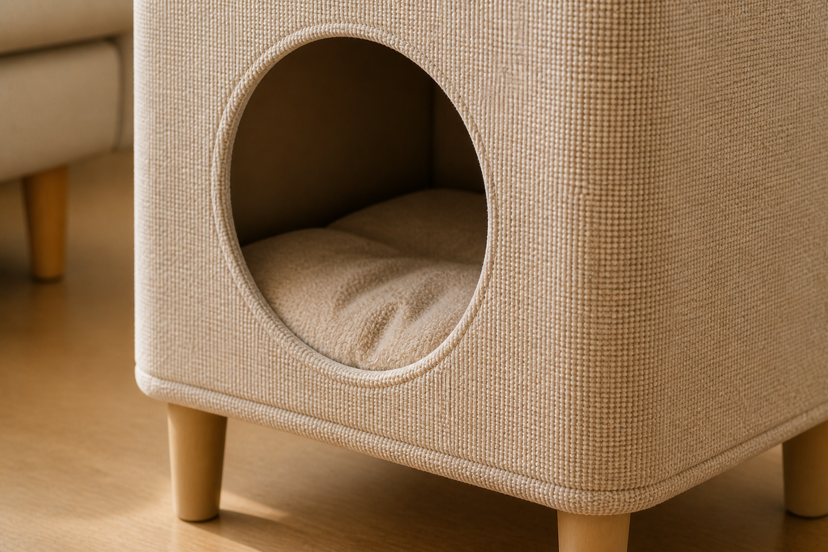 Close view of the woven fabric, circular entrance, wood top, and raised legs