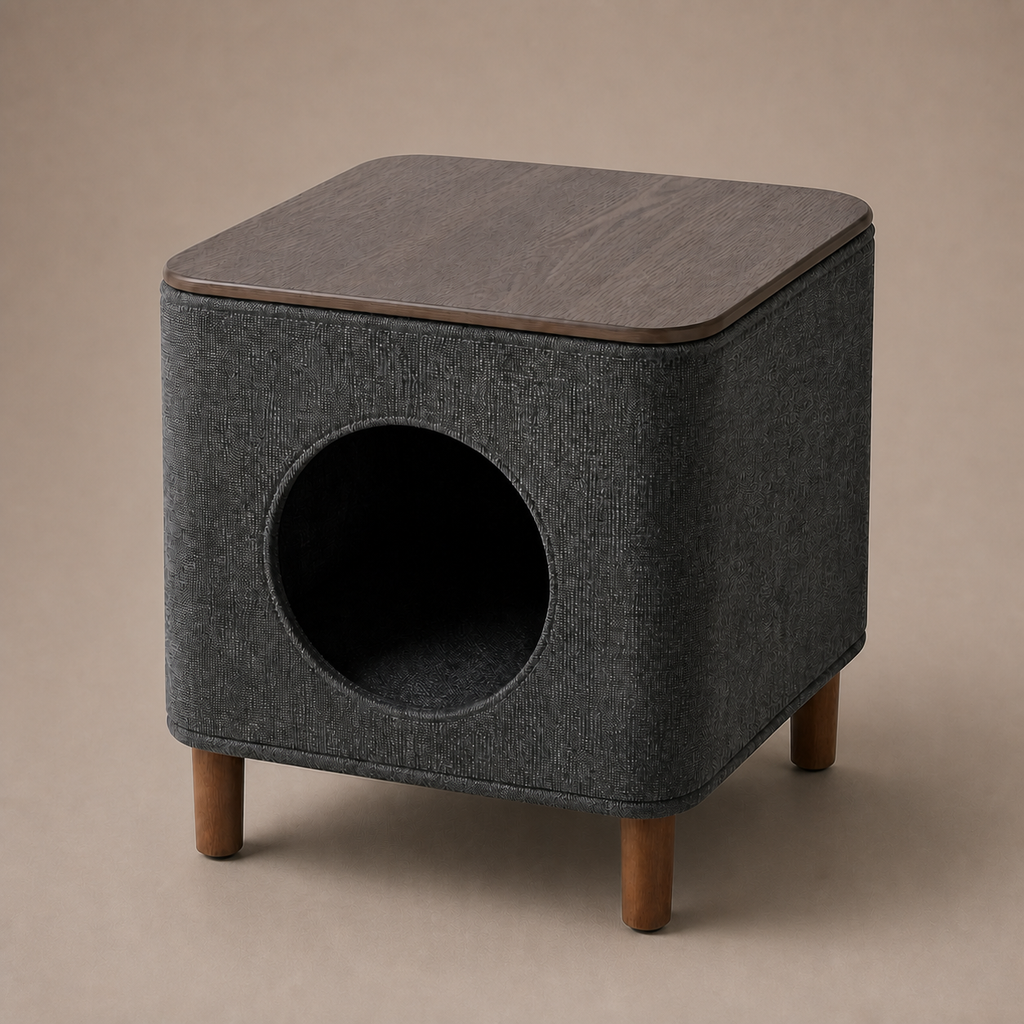 Soft Cube Cat House on a neutral warm mushroom taupe studio background