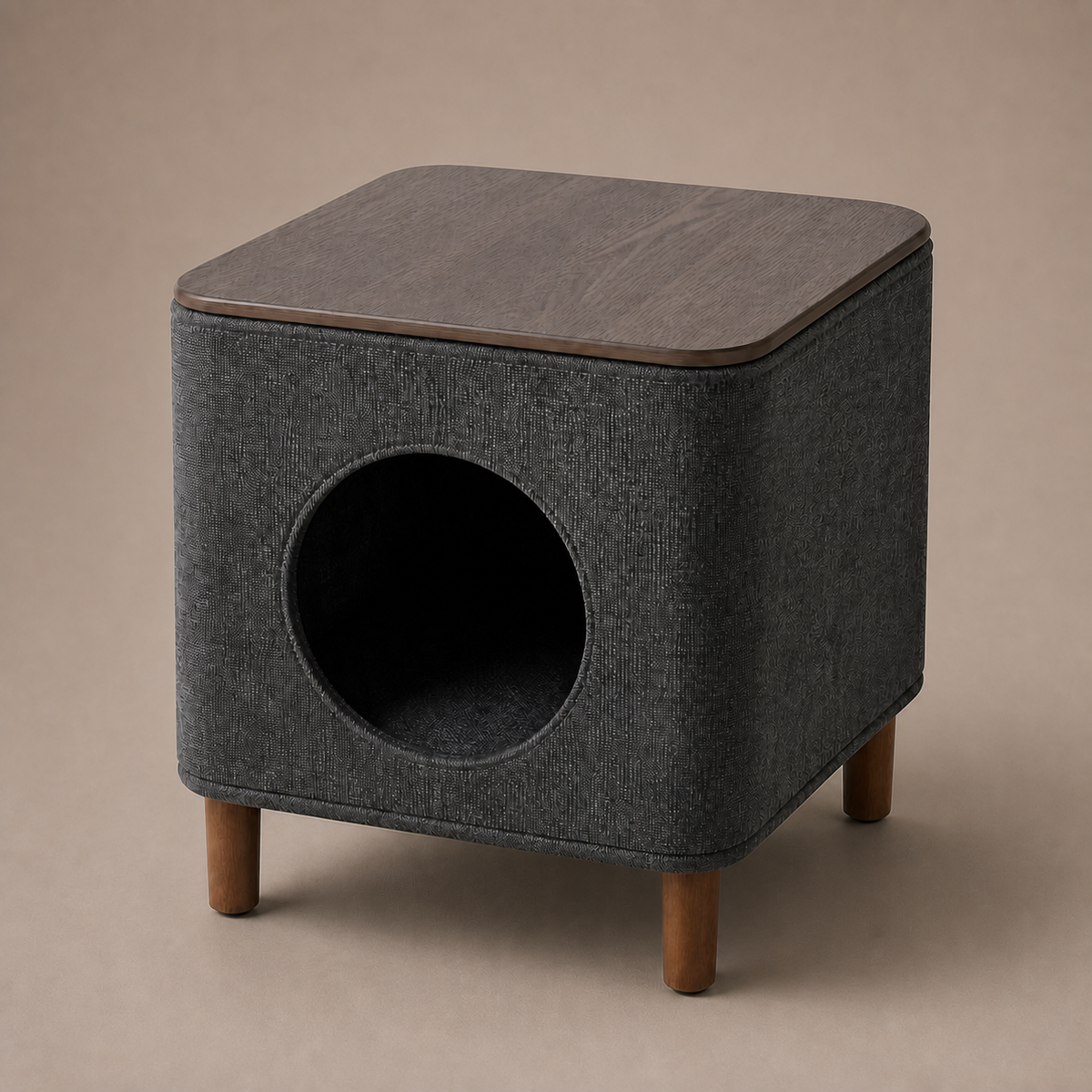 Soft Cube Cat House on a neutral warm mushroom taupe studio background