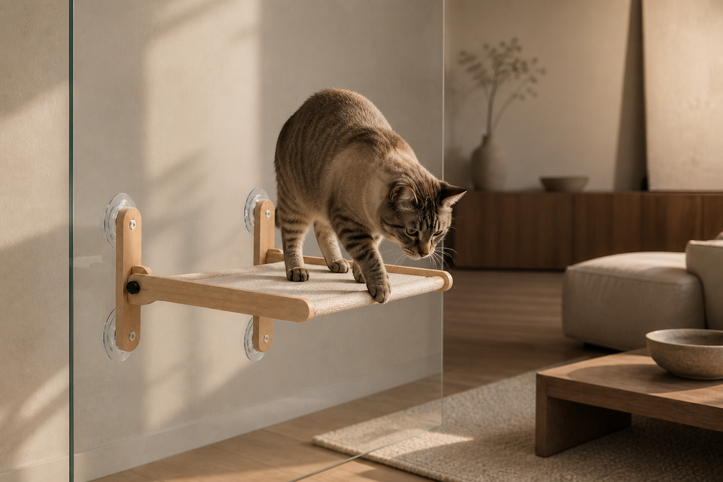 Cat resting on the Suction-Cup Window Hammock beside a bright window