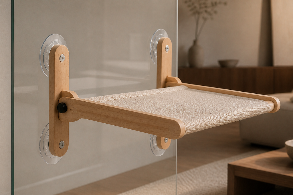 Close view of the solid wood frame, soft lounge fabric, and clear suction mounts