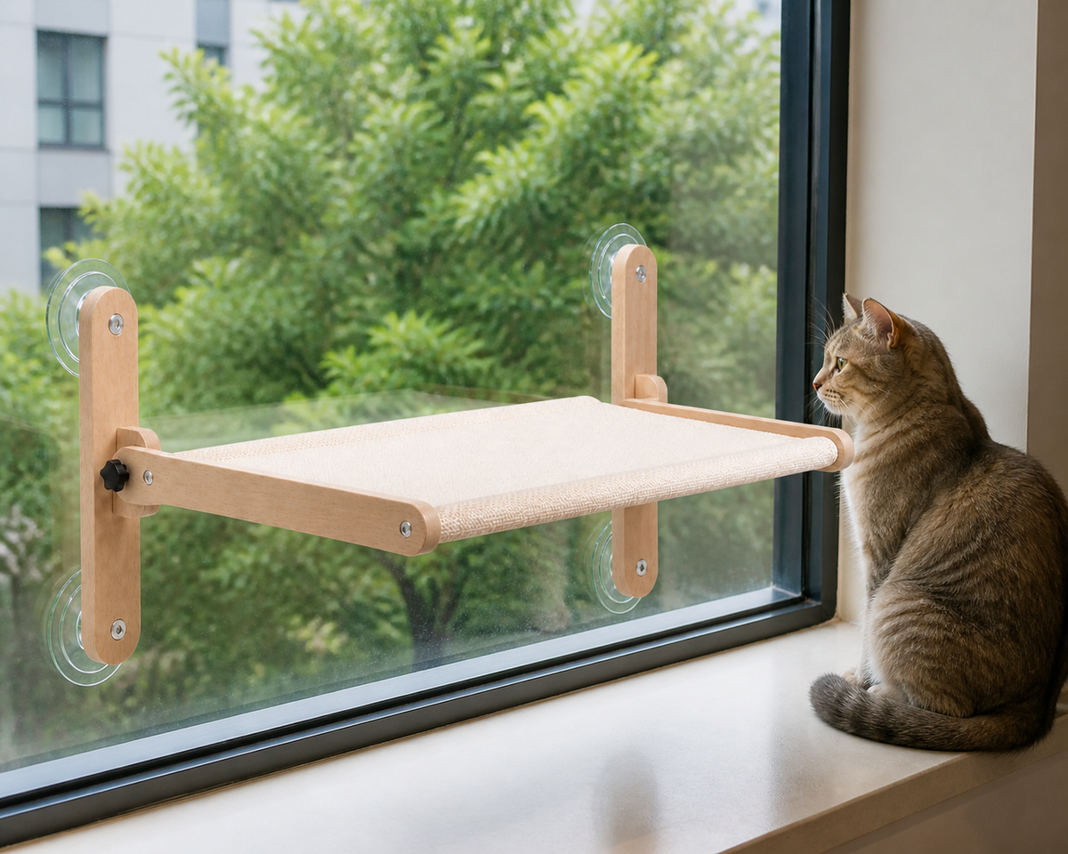 Solid Wood Window Hammock — natural use and scale