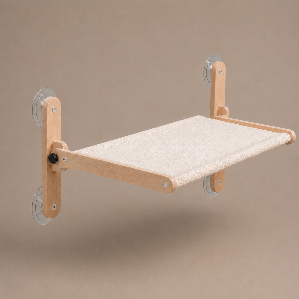 Suction-Cup Window Hammock on a neutral warm mushroom taupe studio background
