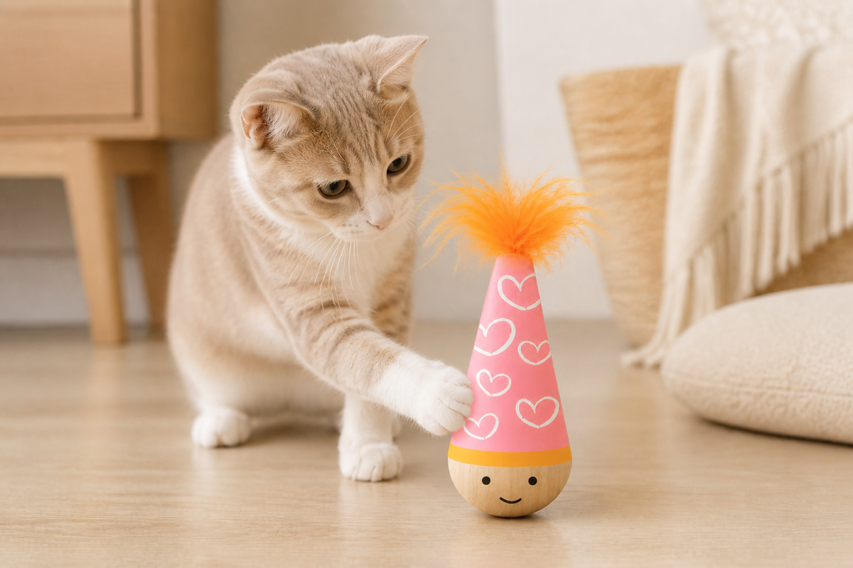 Cat batting the solid wood Wobble Toy as it rocks upright on the floor
