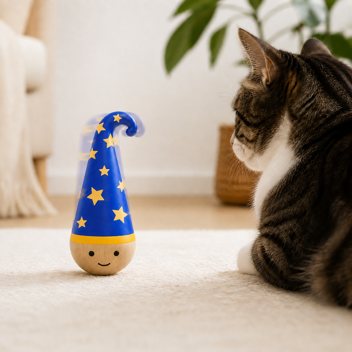Boy (Blue) Wobble Toy returning upright beside a watching cat.