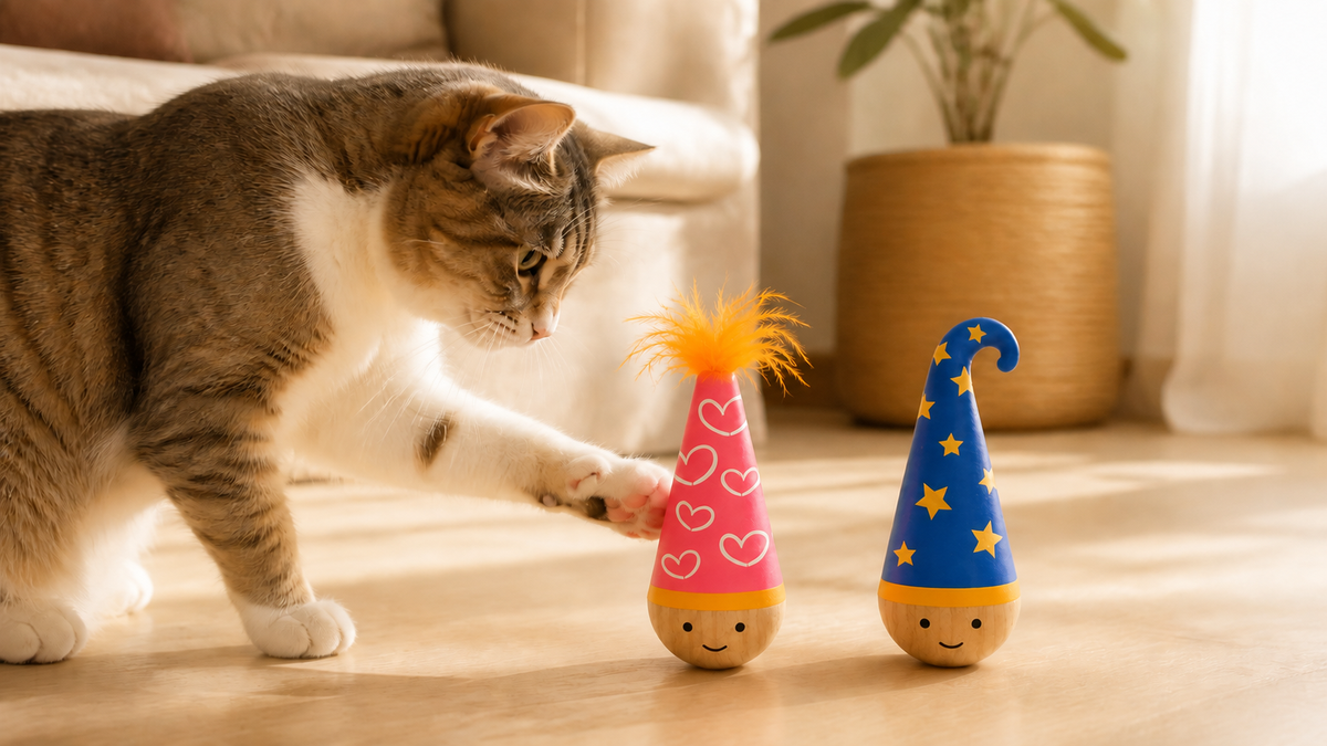 Cat reaching toward the Girl (Pink) and Boy (Blue) Wobble Toy styles; each sold separately.