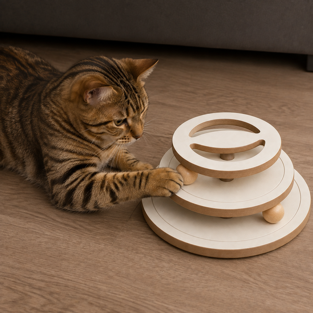 Cat reaching for the upper captive ball