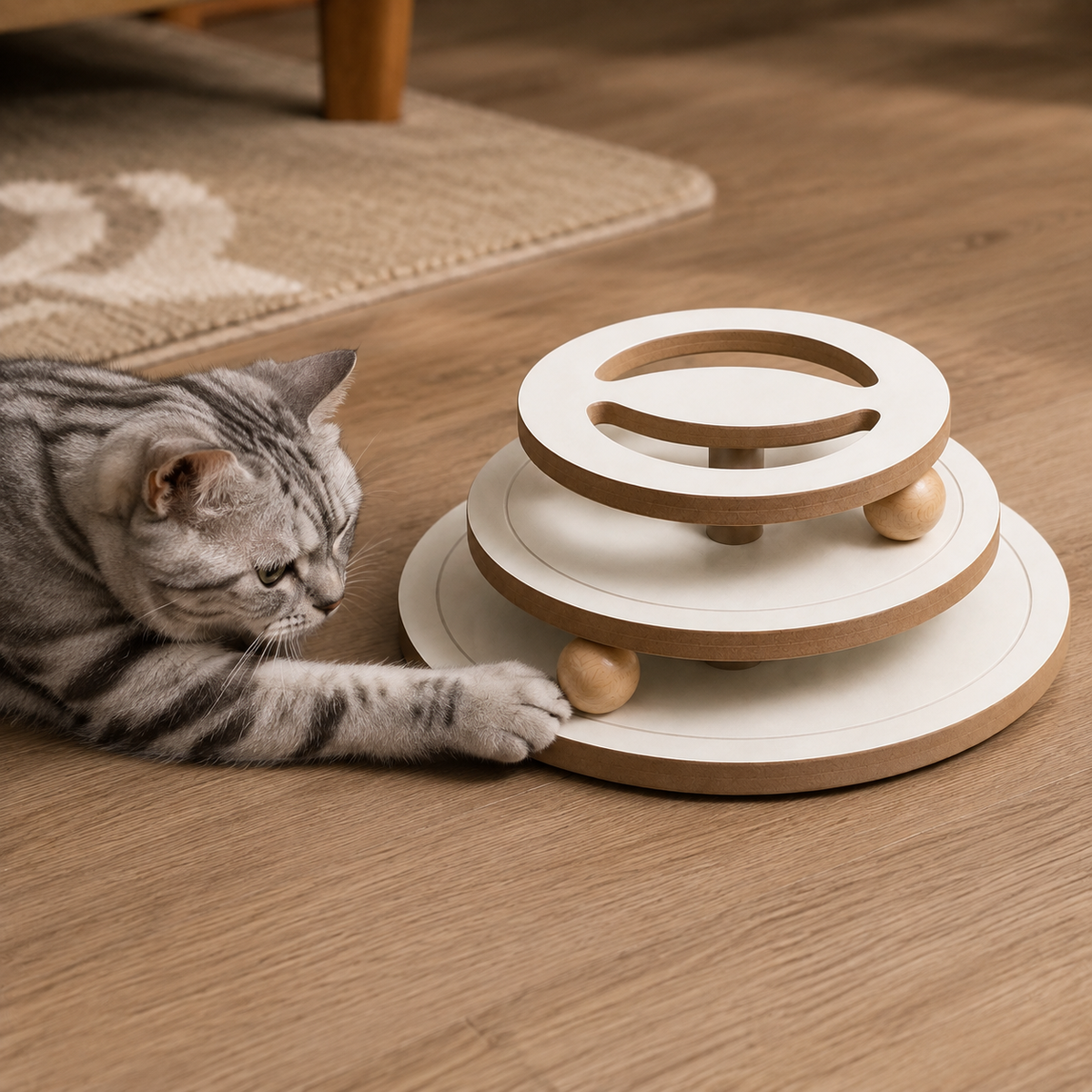 Silver tabby reaching for the lower captive ball