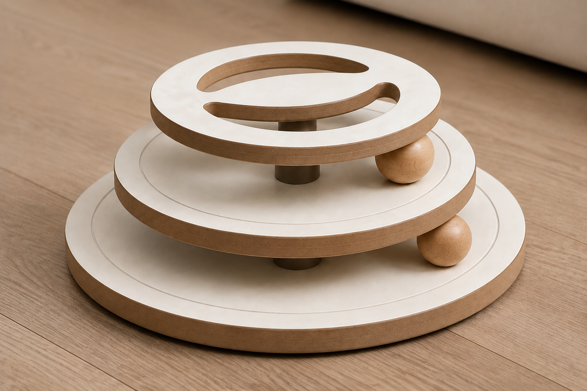 Two natural wood balls in separate captive paths