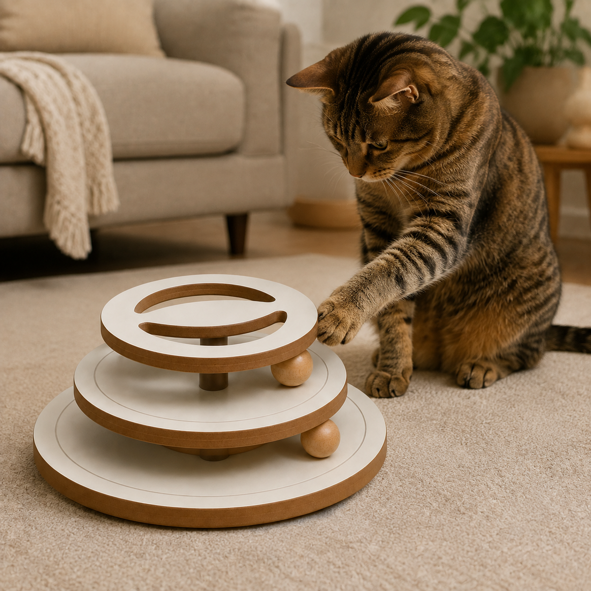 Tabby cat discovering the two captive ball paths