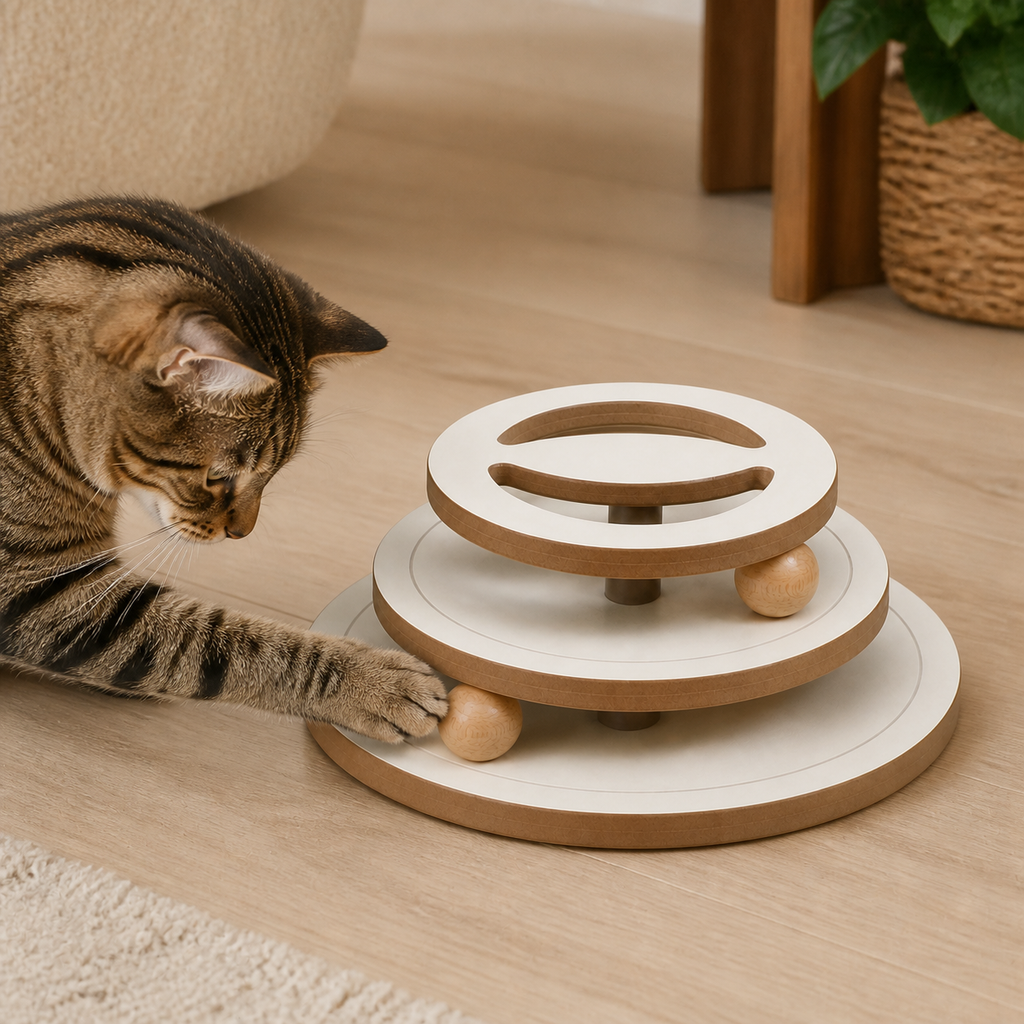 Tabby cat reaching for the lower captive wooden ball