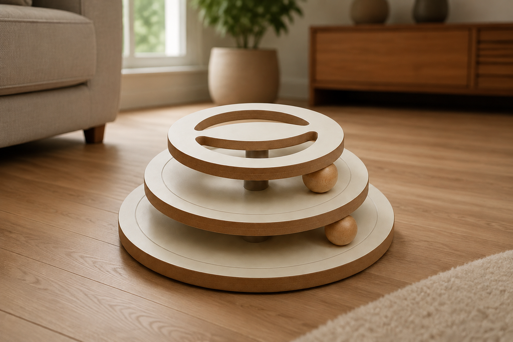 Wooden Ball Tower in a warm modern living room