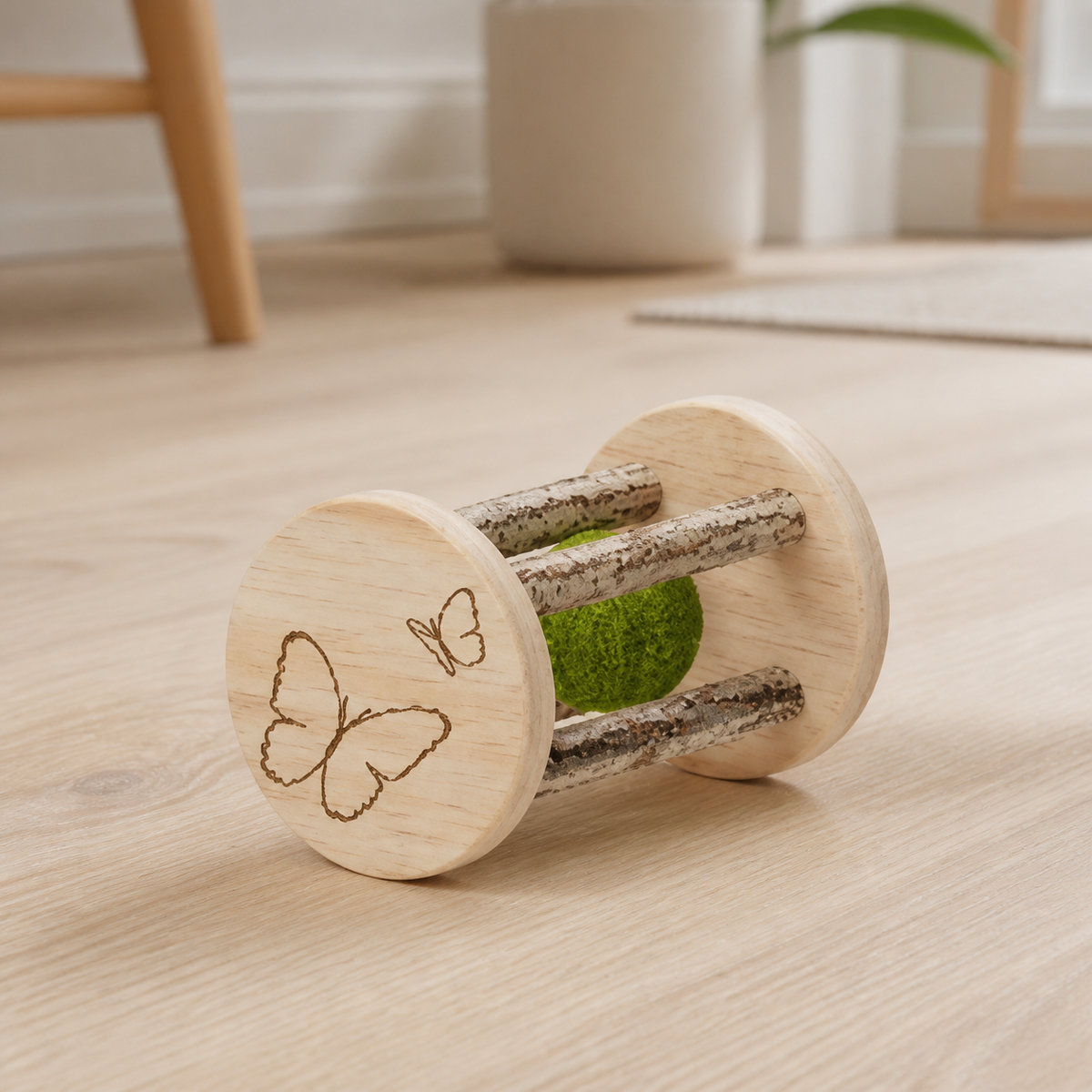 Wooden Catnip Roller styled for everyday use in a warm modern home