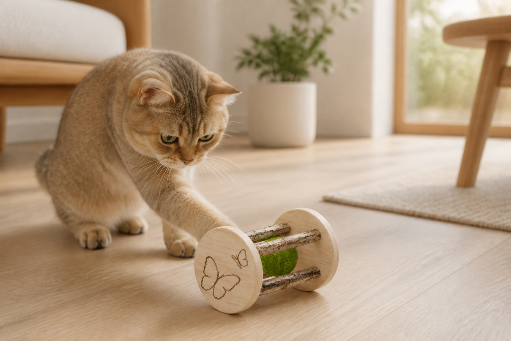 Cat turning the refillable Wooden Catnip Roller with its paw