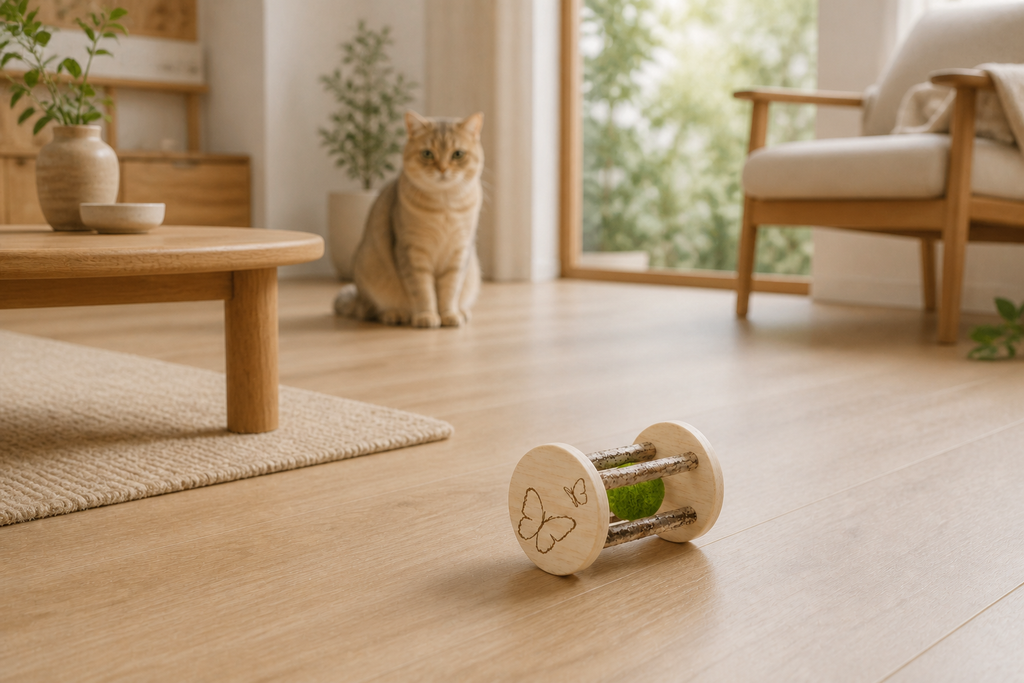Wooden Catnip Roller placed in a warm modern living room