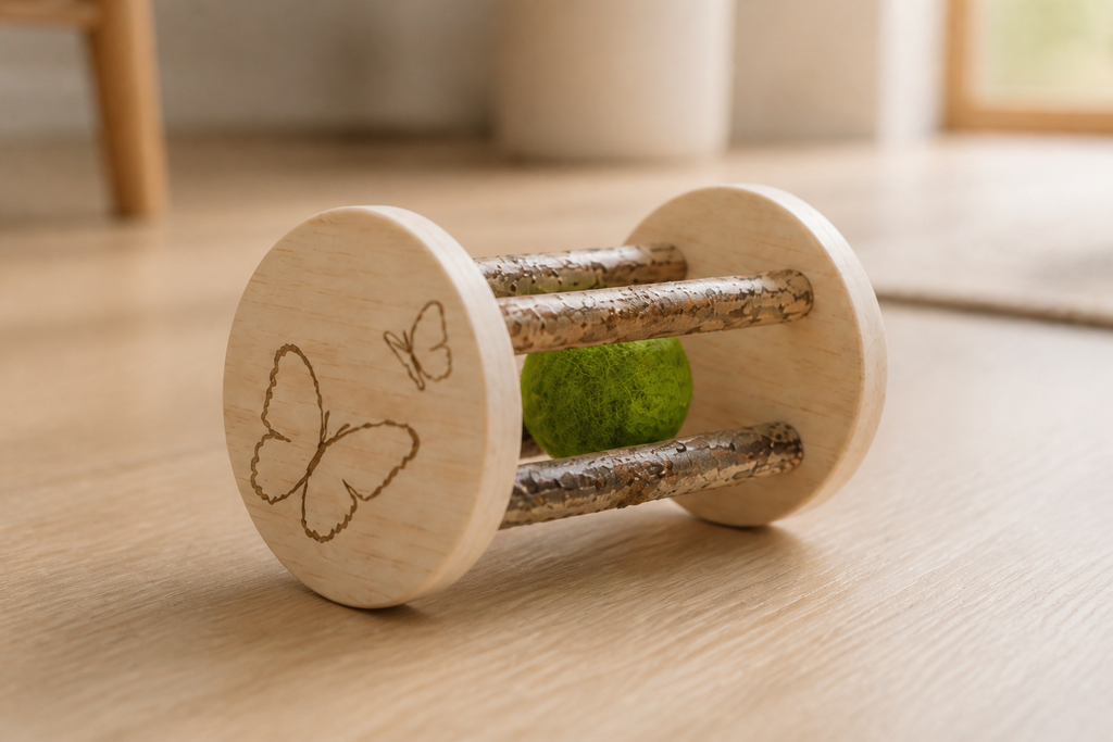 Close view of the carved wooden body and refillable rotating catnip center
