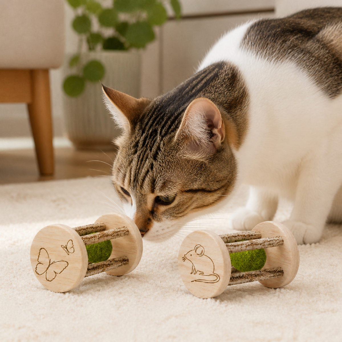Wooden Catnip Roller — Investigate the visible catnip center.