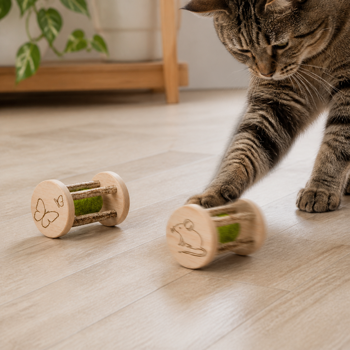 Wooden Catnip Roller — Tap one of the broad wood end discs.