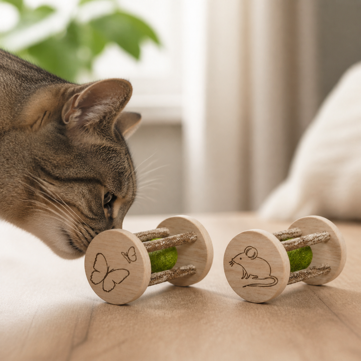 Wooden Catnip Roller — Follow the spool as it rolls and exposes a new side.