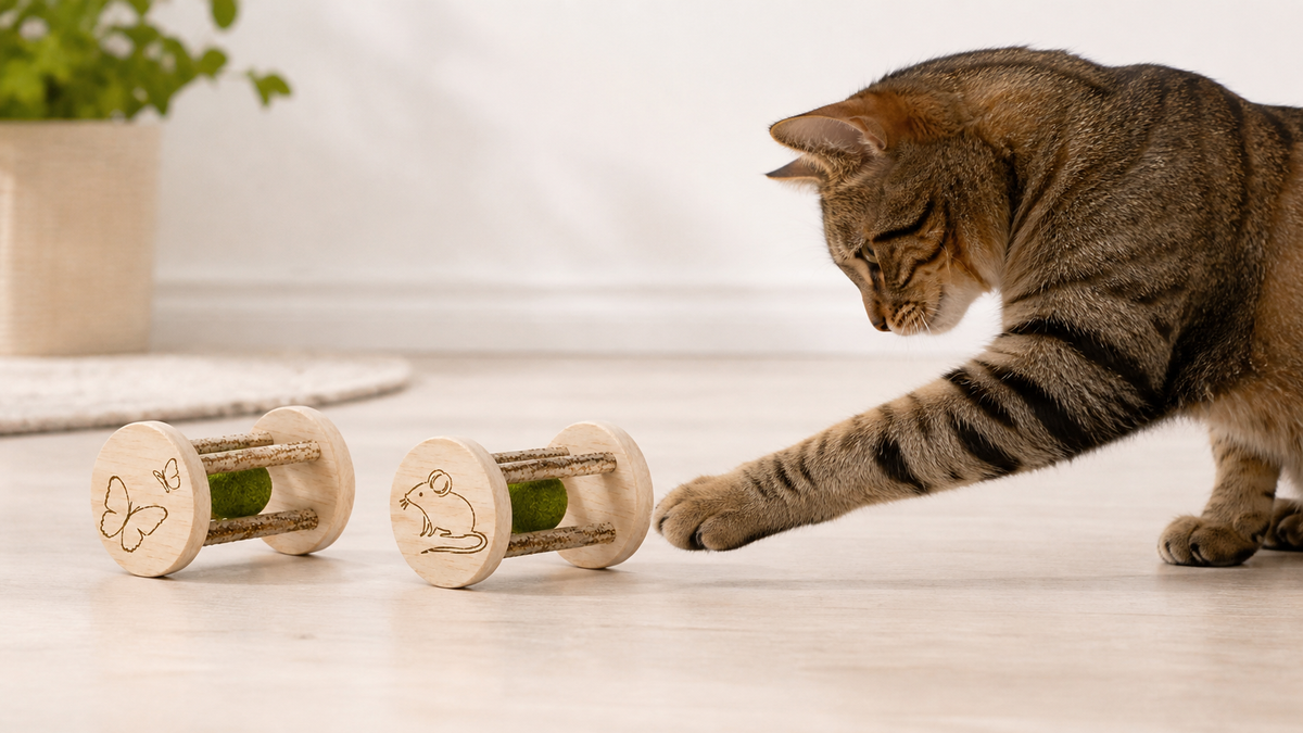 Wooden Catnip Roller in a shared home setting