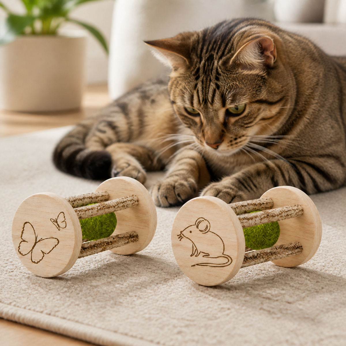 Wooden Catnip Roller — Bark-covered cage rods