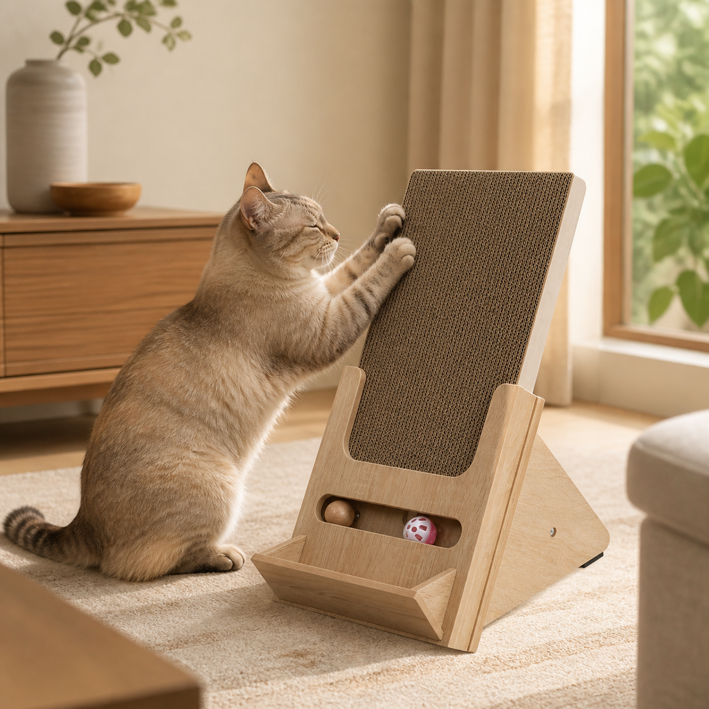 Wooden Incline Cat Scratcher styled for everyday use in a warm modern home