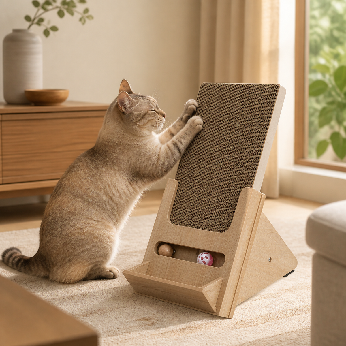 Wooden Incline Cat Scratcher styled for everyday use in a warm modern home