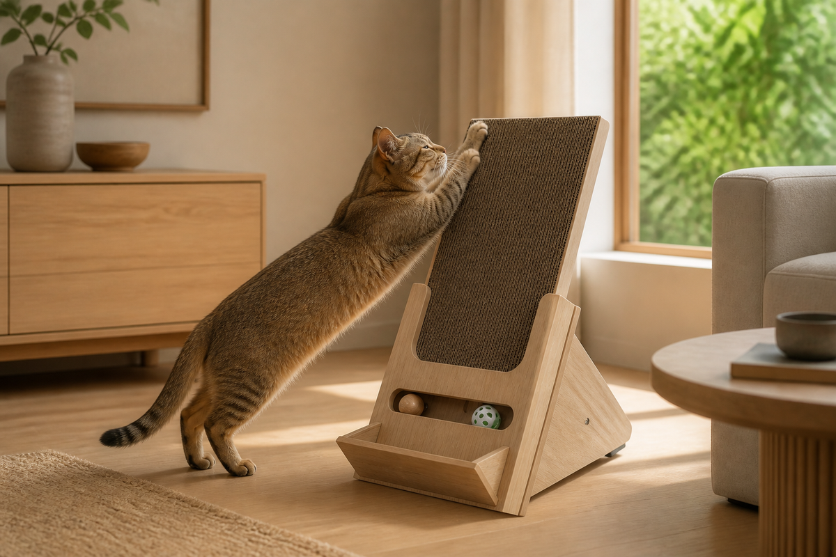 Cat scratching the incline panel and reaching for the built-in rolling ball