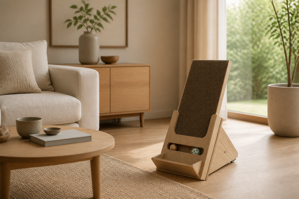 Wooden Incline Cat Scratcher placed in a warm modern living room
