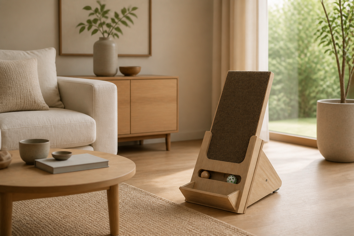 Wooden Incline Cat Scratcher placed in a warm modern living room
