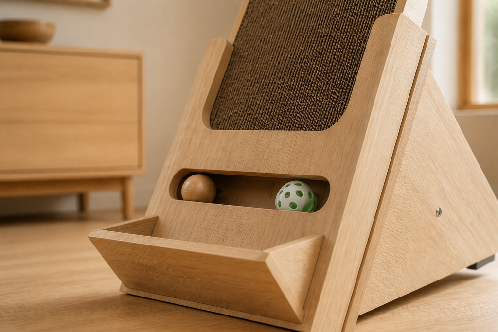 Close view of the wood frame, corrugated scratch panel, and rolling ball track