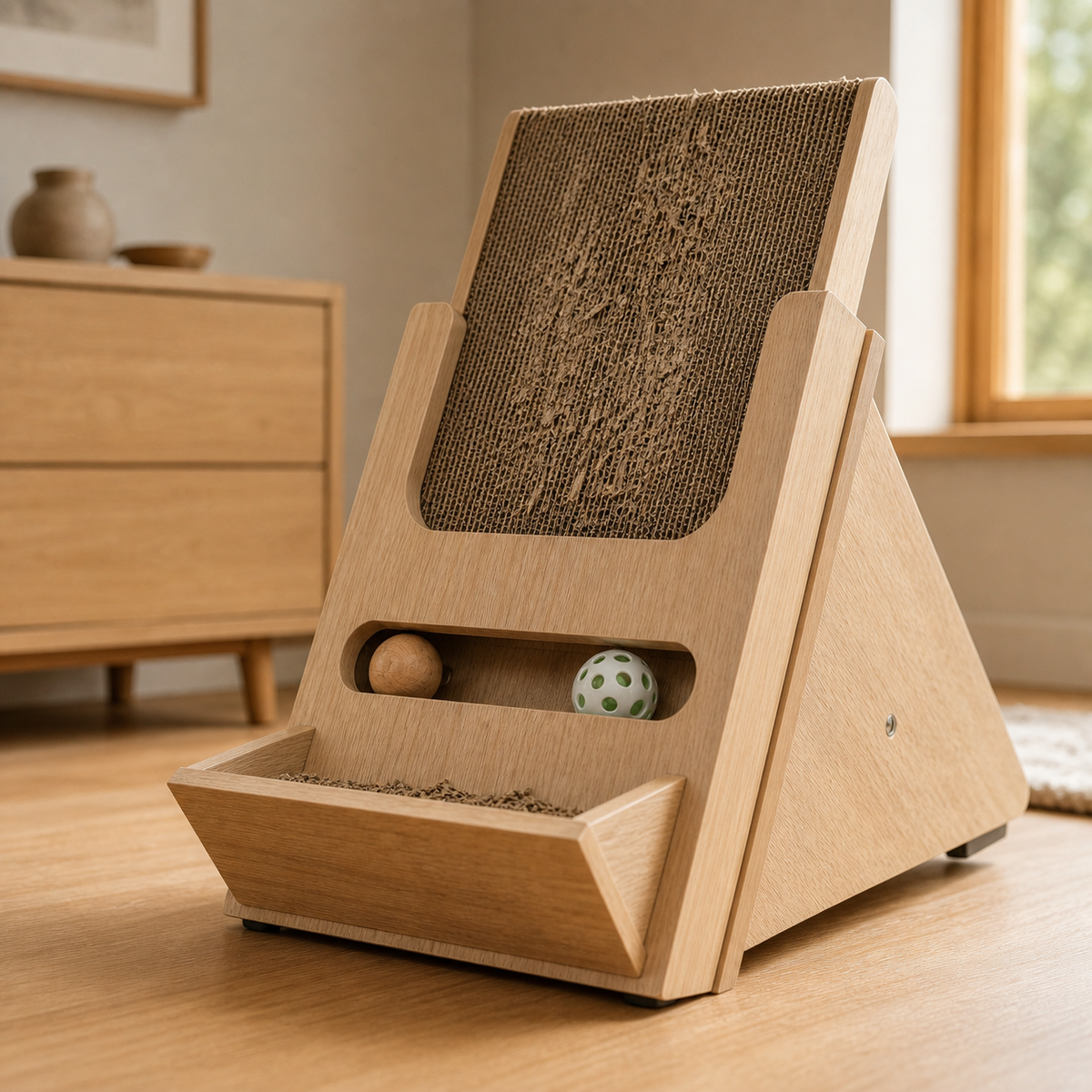 Wooden Incline Cat Scratcher — Let the insert take the wear.