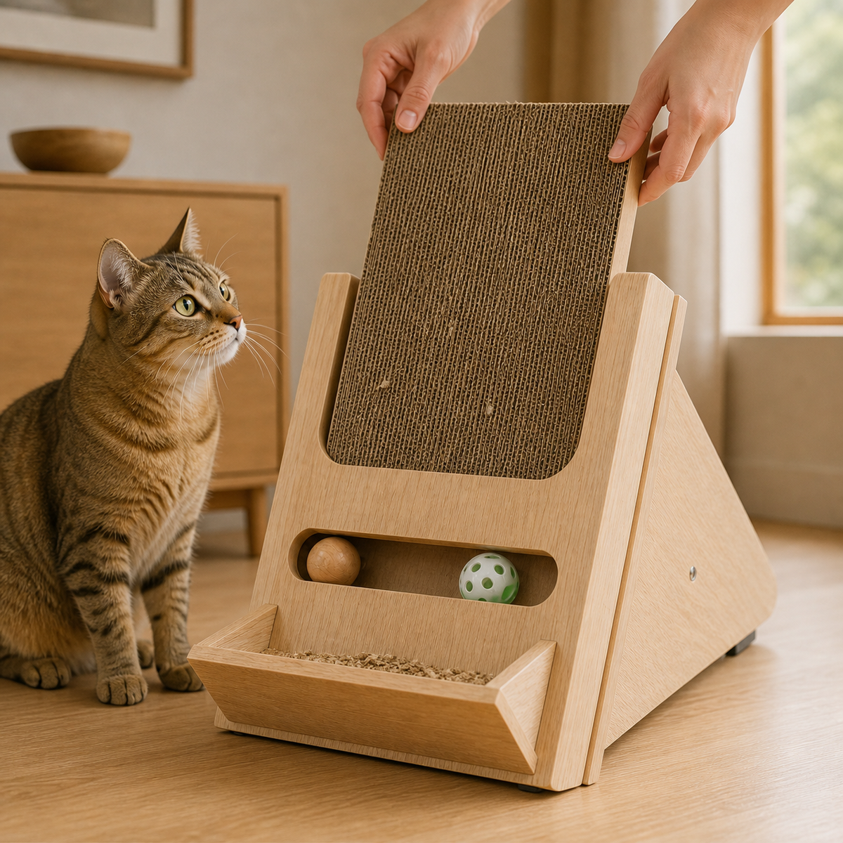 Wooden Incline Cat Scratcher — Lift the worn core free.