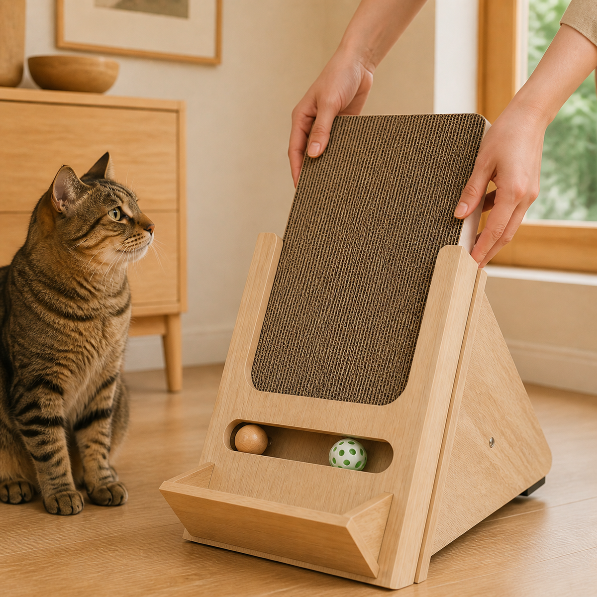 Wooden Incline Cat Scratcher — Set a fresh core back in.