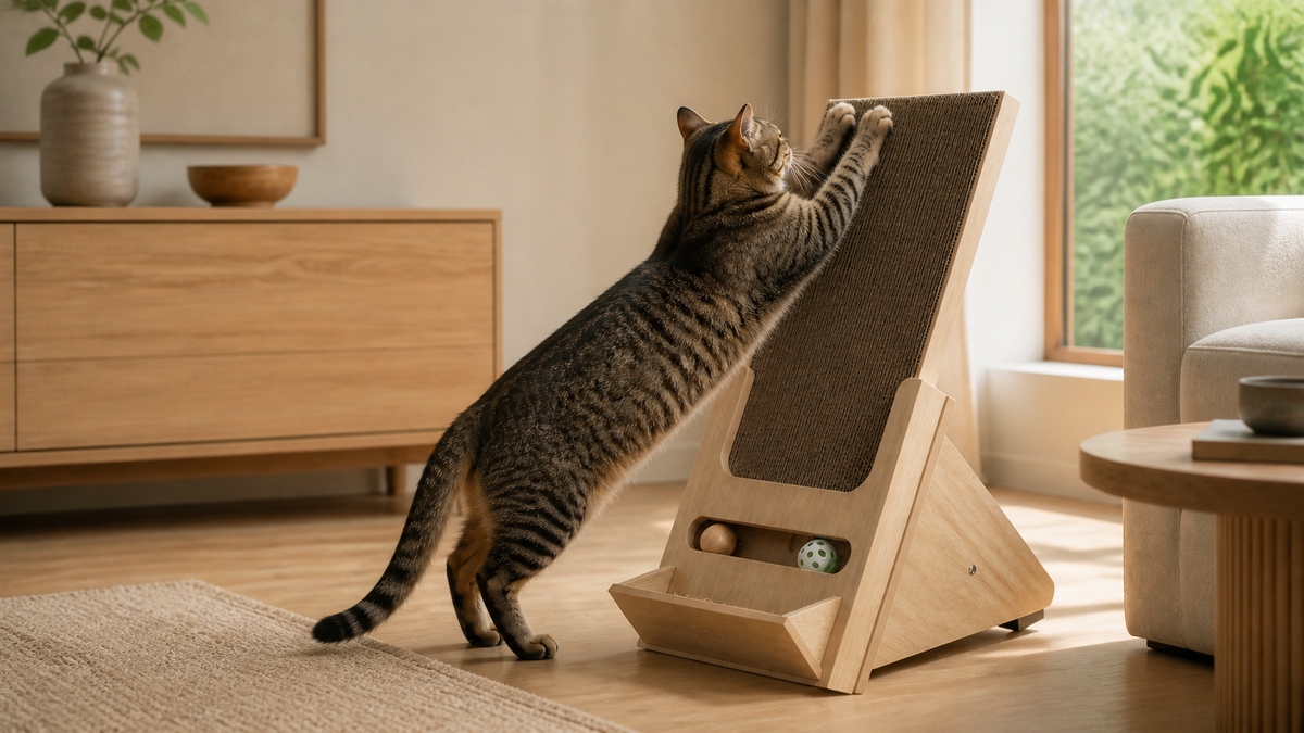 Wooden Incline Cat Scratcher in a shared home setting