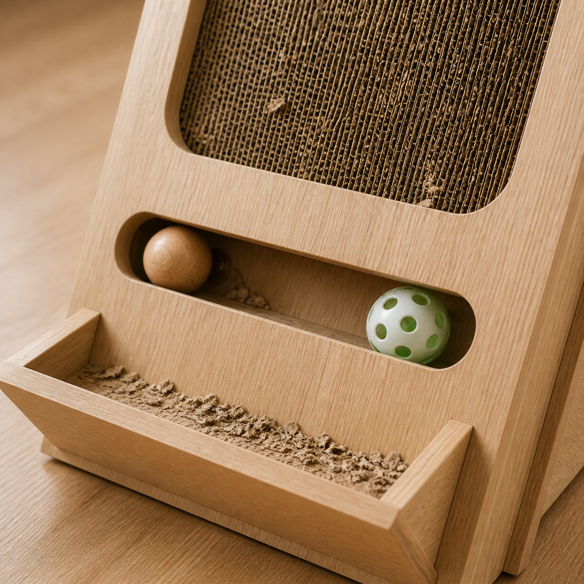 Wooden Incline Cat Scratcher — Replaceable corrugated core